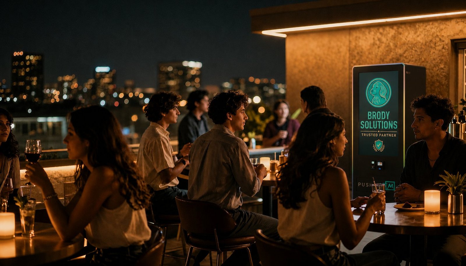 Guests enjoying a rooftop bar at night next to a Brody Solutions vending machine