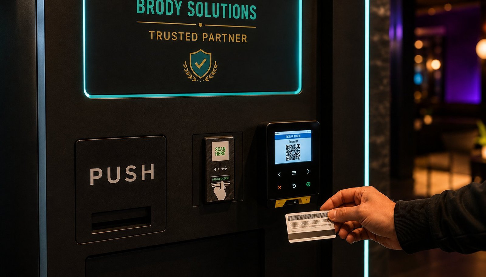 A guest scanning their ID at a Brody Solutions vending machine's age verification screen
