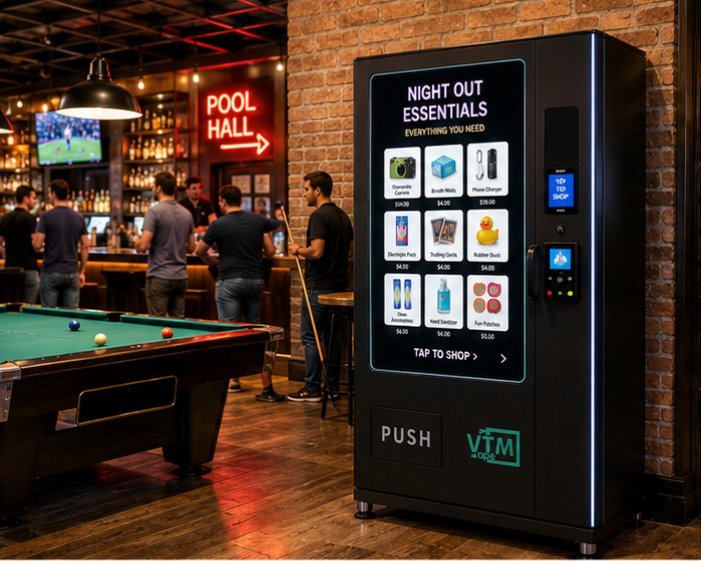 A Brody Solutions vending machine placed next to a pool table in a bar